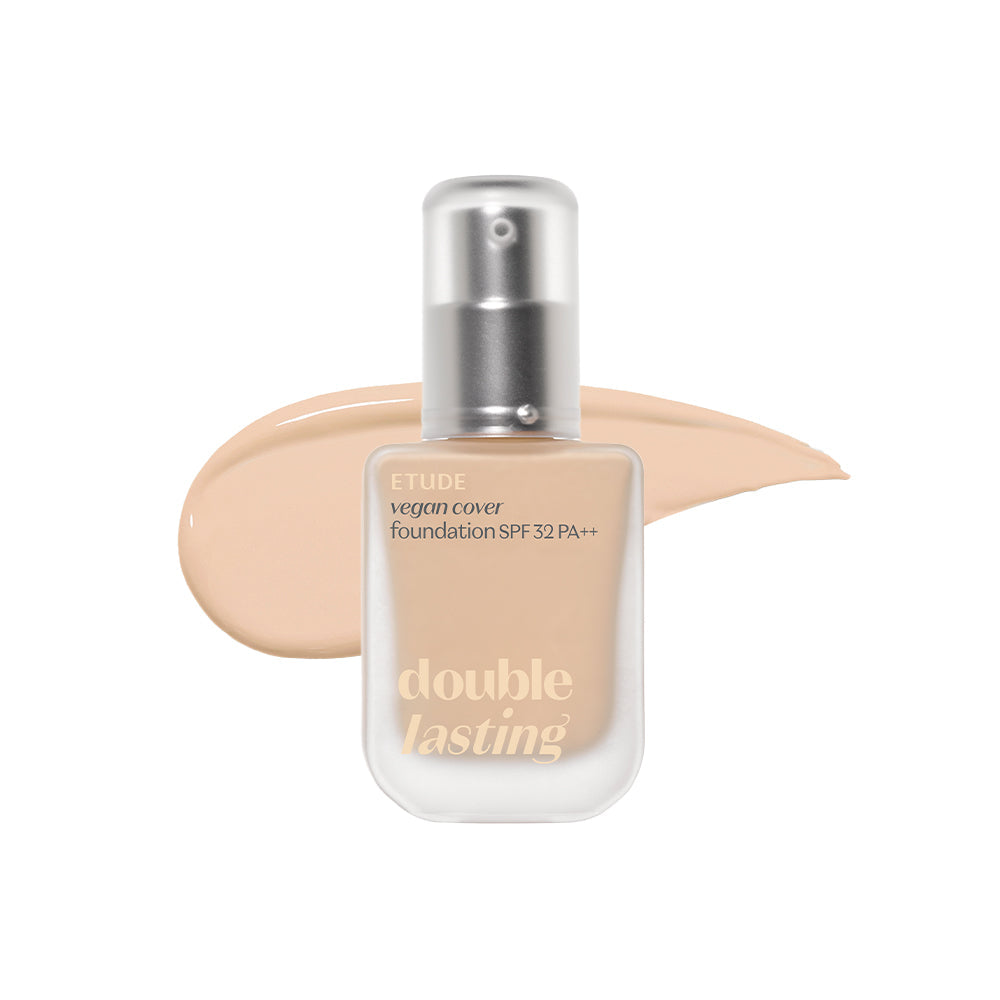 ETUDE Double Lasting Vegan Cover Foundation in a 30g size, providing excellent coverage and a natural finish for all skin types.