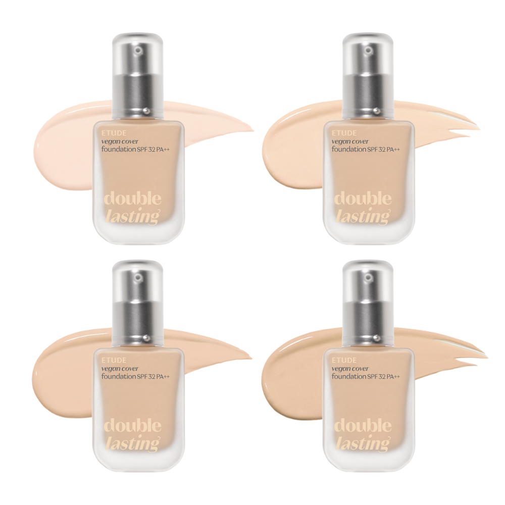 ETUDE Double Lasting Vegan Cover Foundation 30g, providing long-lasting coverage with a vegan formula for a flawless complexion.