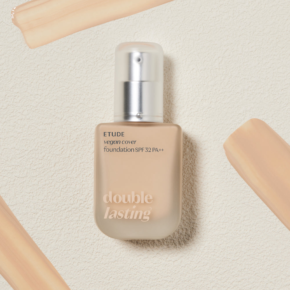 ETUDE Double Lasting Vegan Cover Foundation 30g, delivering exceptional coverage with a vegan-friendly formula for radiant skin.