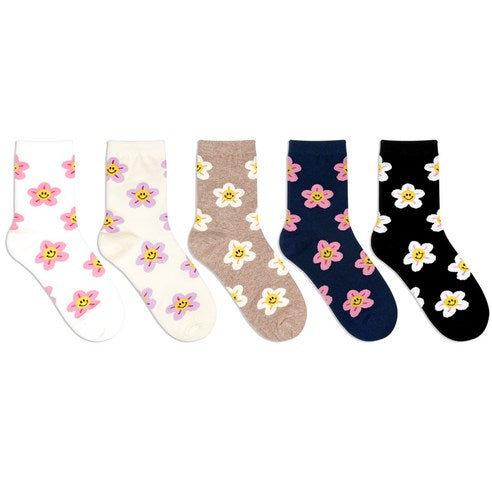 Parkoon Women’s/Student Smile Flower Mid-Calf Socks, 5-Pair Set - MOQ 3
