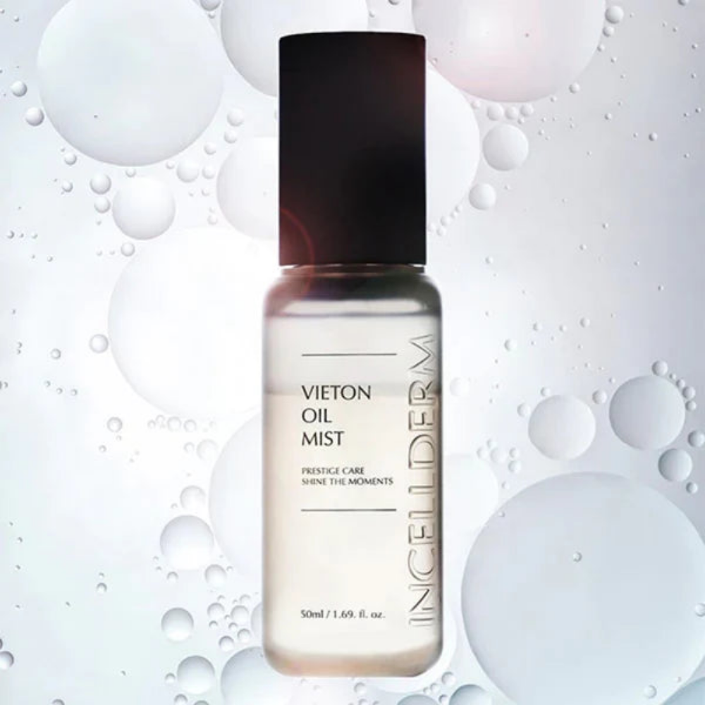 50ml INCELLDERM Vieton Oil Mist bottle with a spray cap, displaying product name and branding.