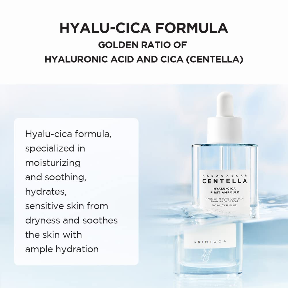 A 100ml bottle of SKIN1004 Madagascar Hyalu-Cica First Ampoule, designed to provide hydration and soothing effects for the skin.