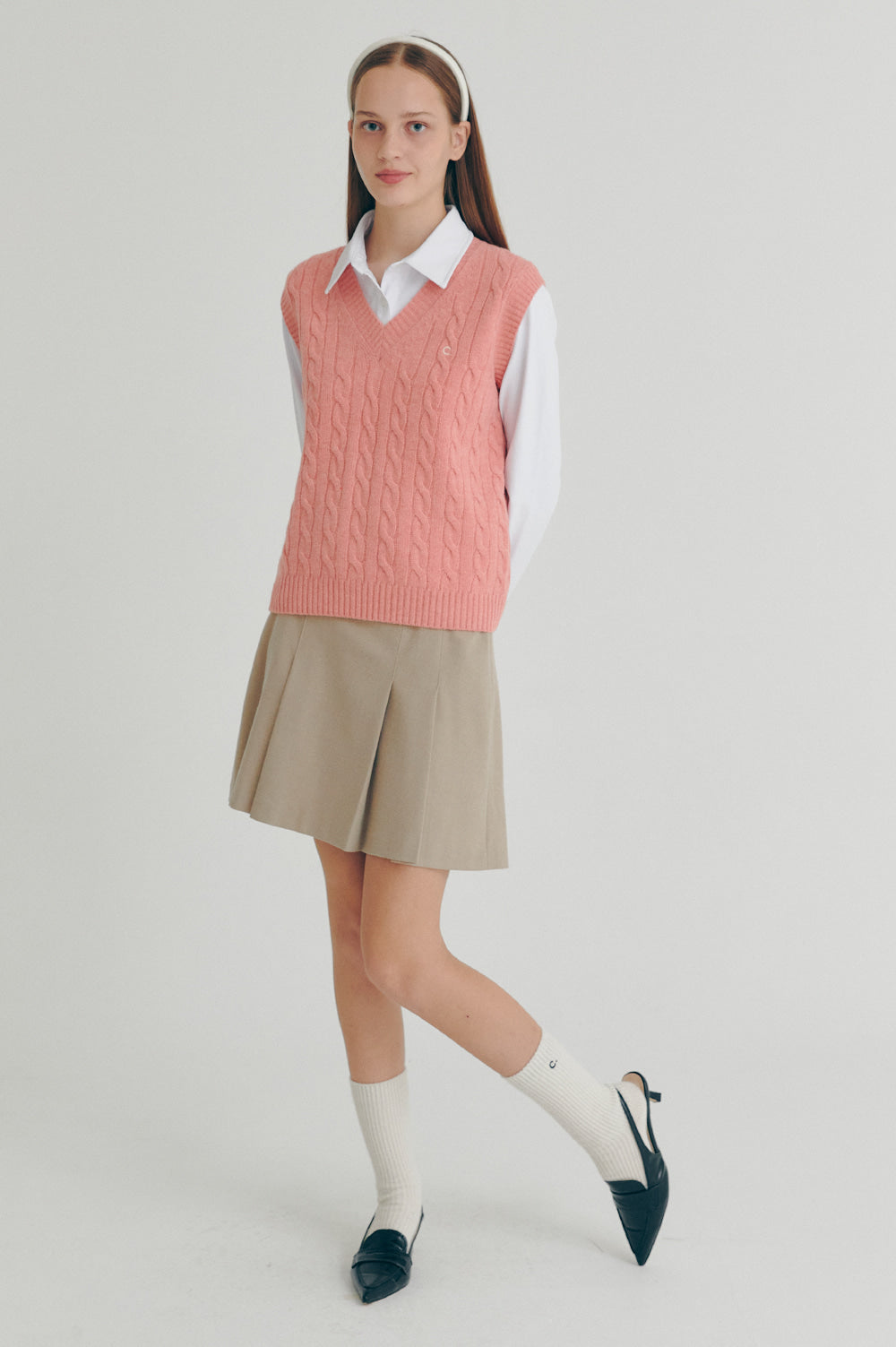 Cable Wool V-Neck Vest - Pink