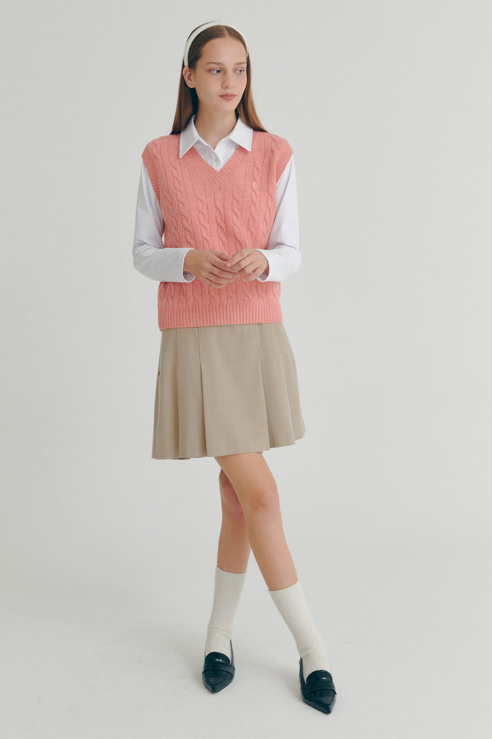 Cable Wool V-Neck Vest - Pink