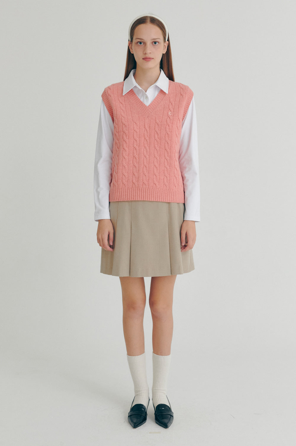 Cable Wool V-Neck Vest - Pink