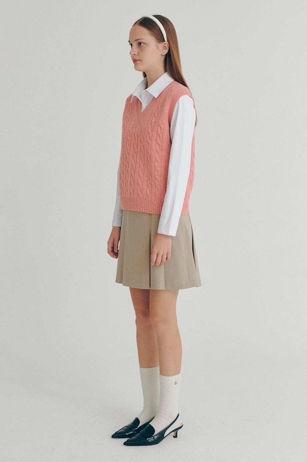 Cable Wool V-Neck Vest - Pink