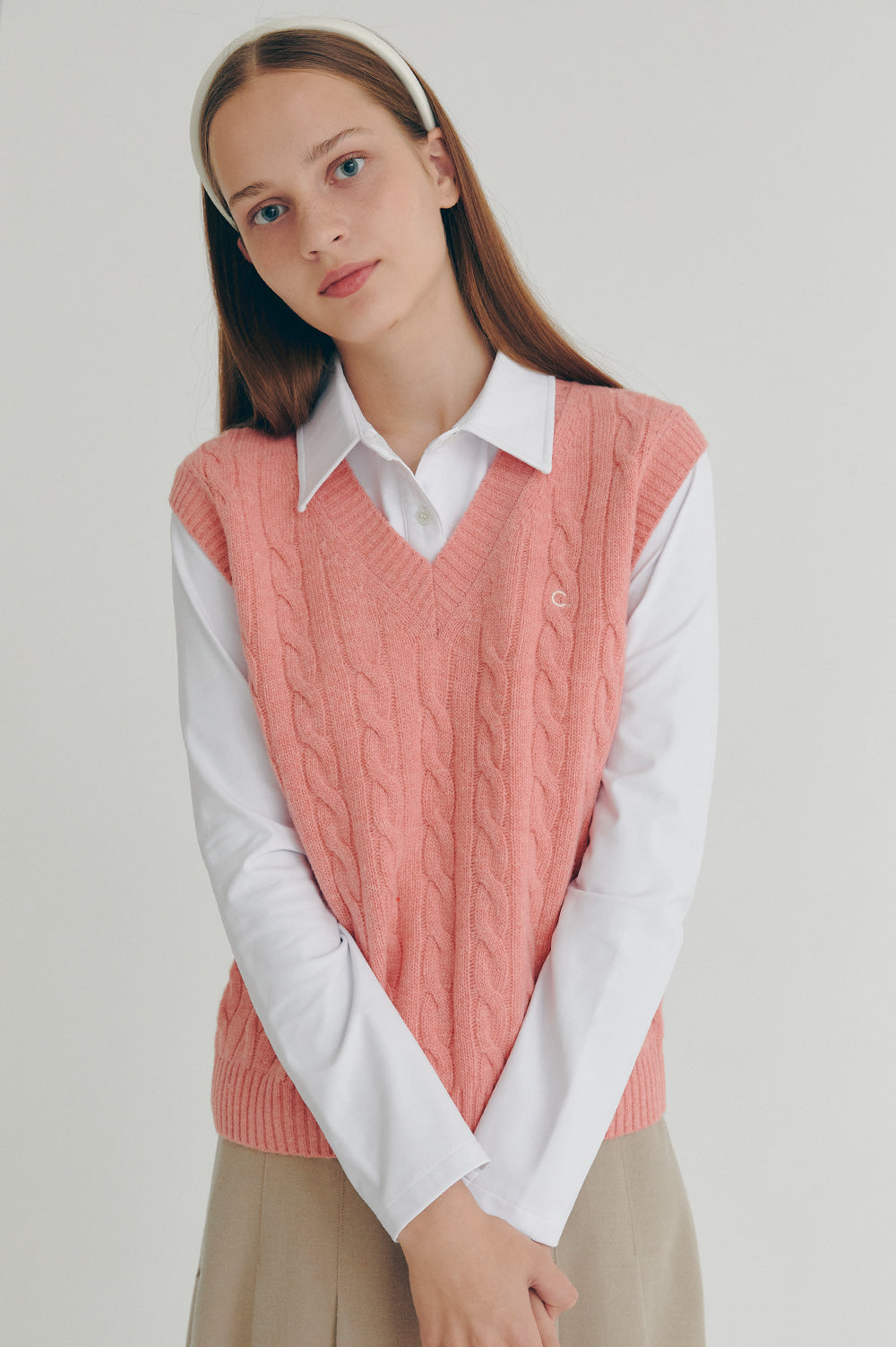 Cable Wool V-Neck Vest - Pink