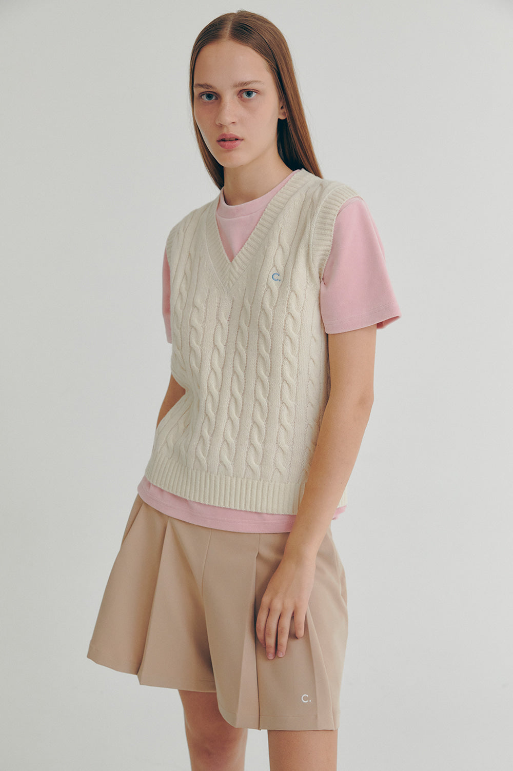 Cable Wool V-Neck Vest - Ivory