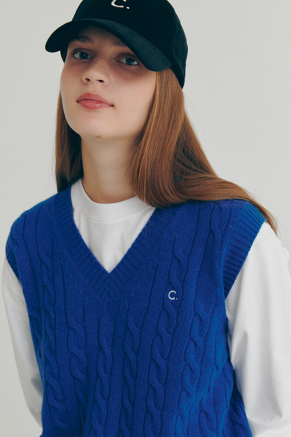 Cable Wool V-Neck Vest - Blue