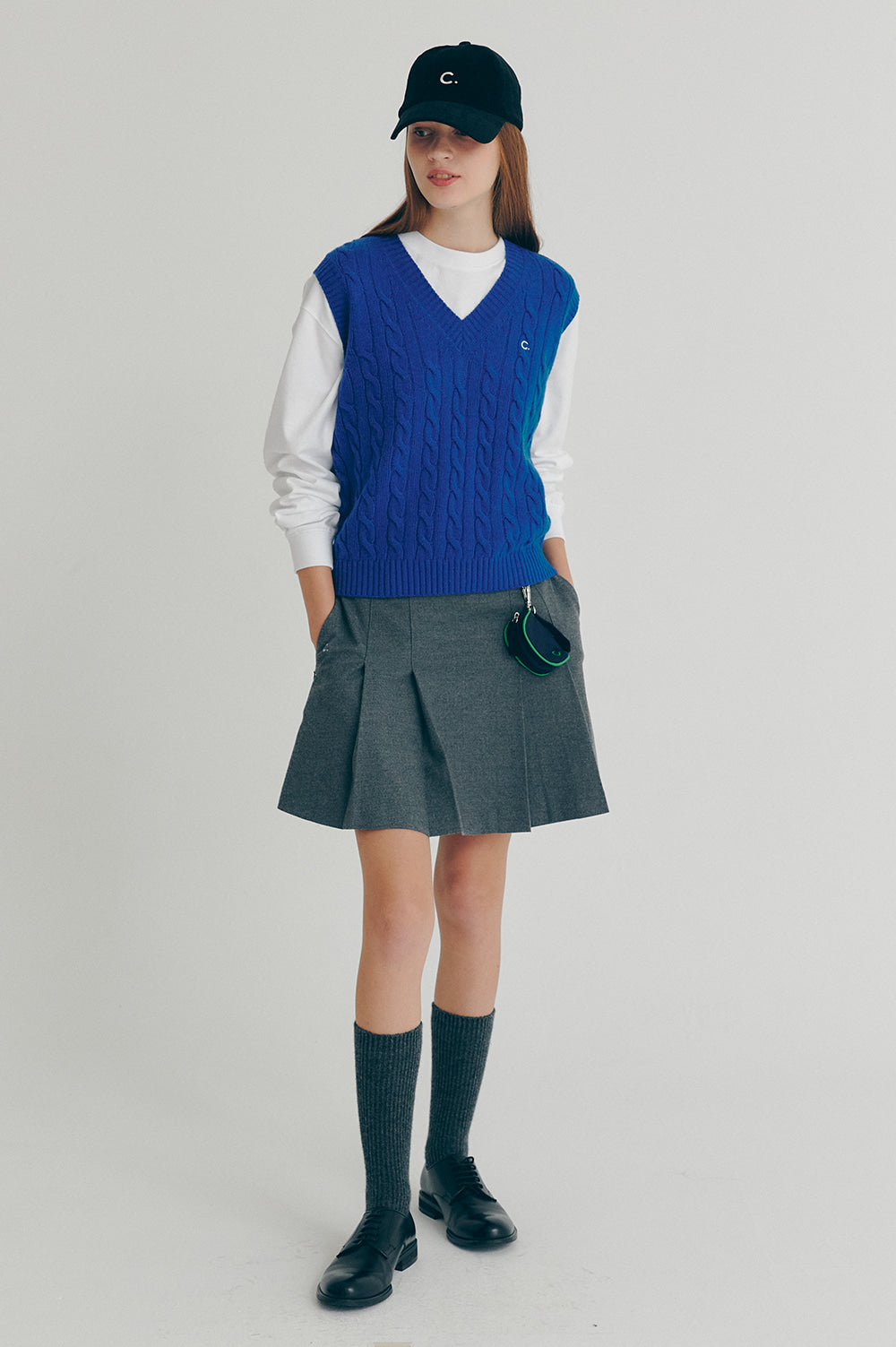 Cable Wool V-Neck Vest - Blue