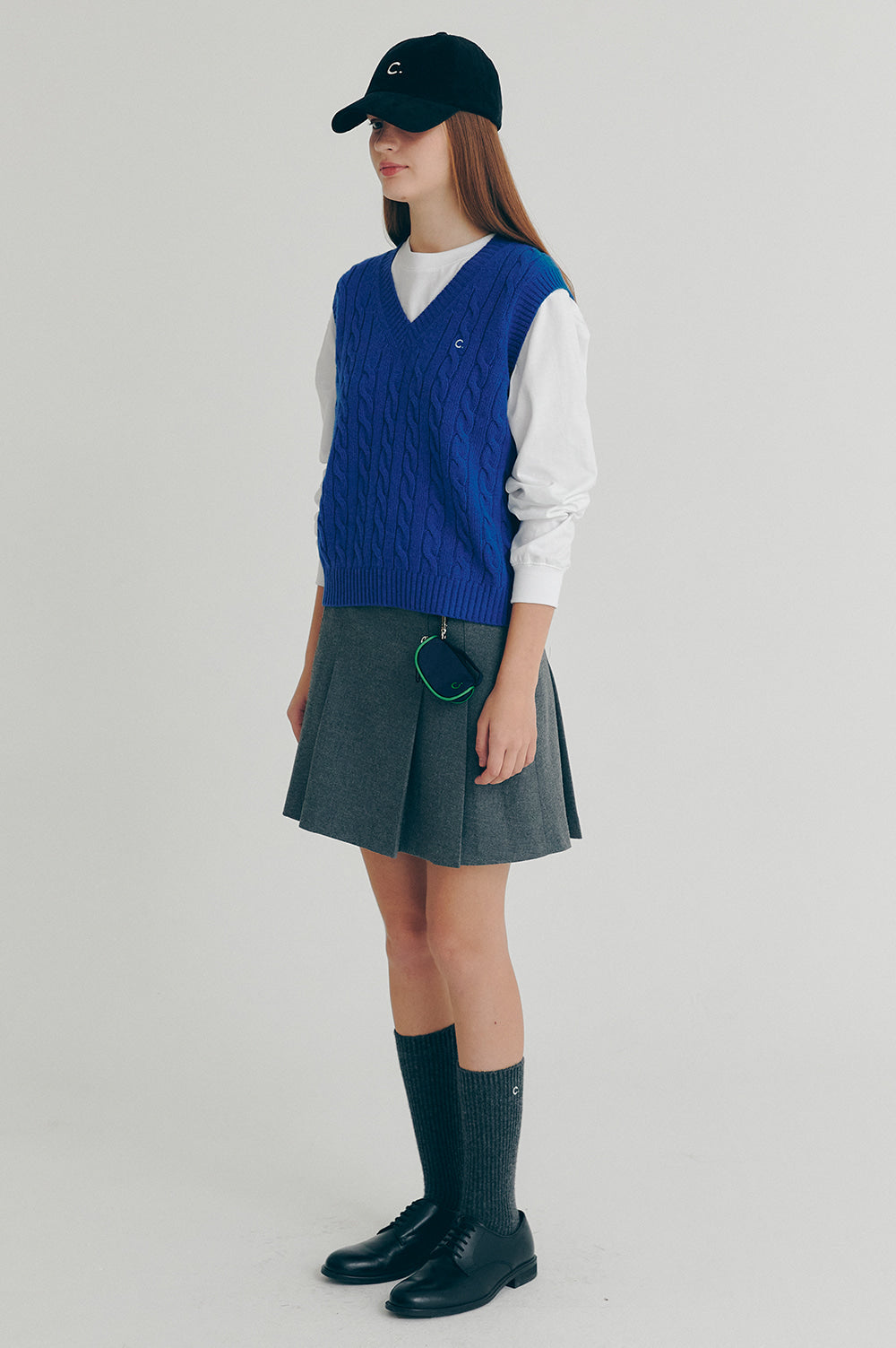 Cable Wool V-Neck Vest - Blue