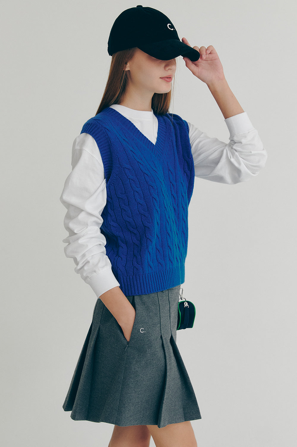 Cable Wool V-Neck Vest - Blue