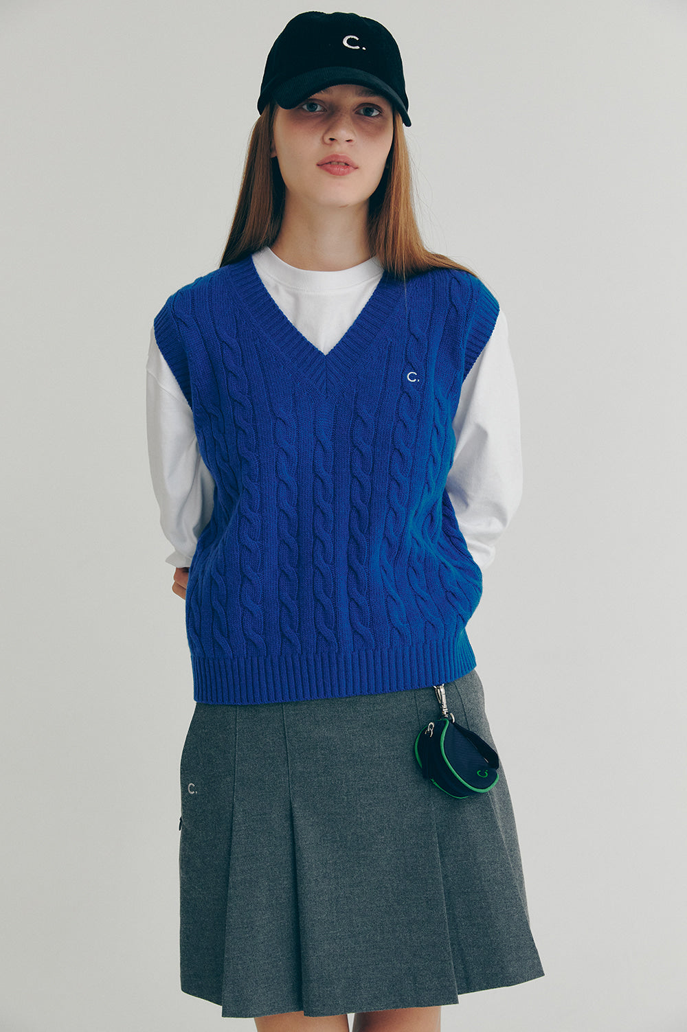 Cable Wool V-Neck Vest - Blue