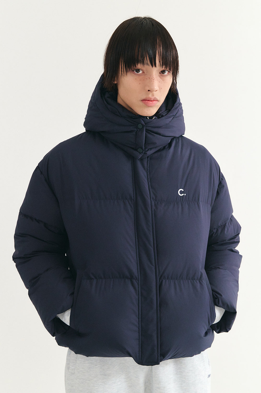 Hooded Quilted Down Jacket - Navy