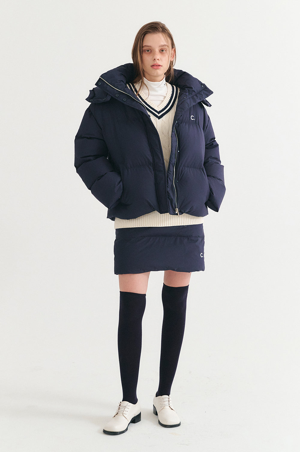 Hooded Quilted Down Jacket - Navy