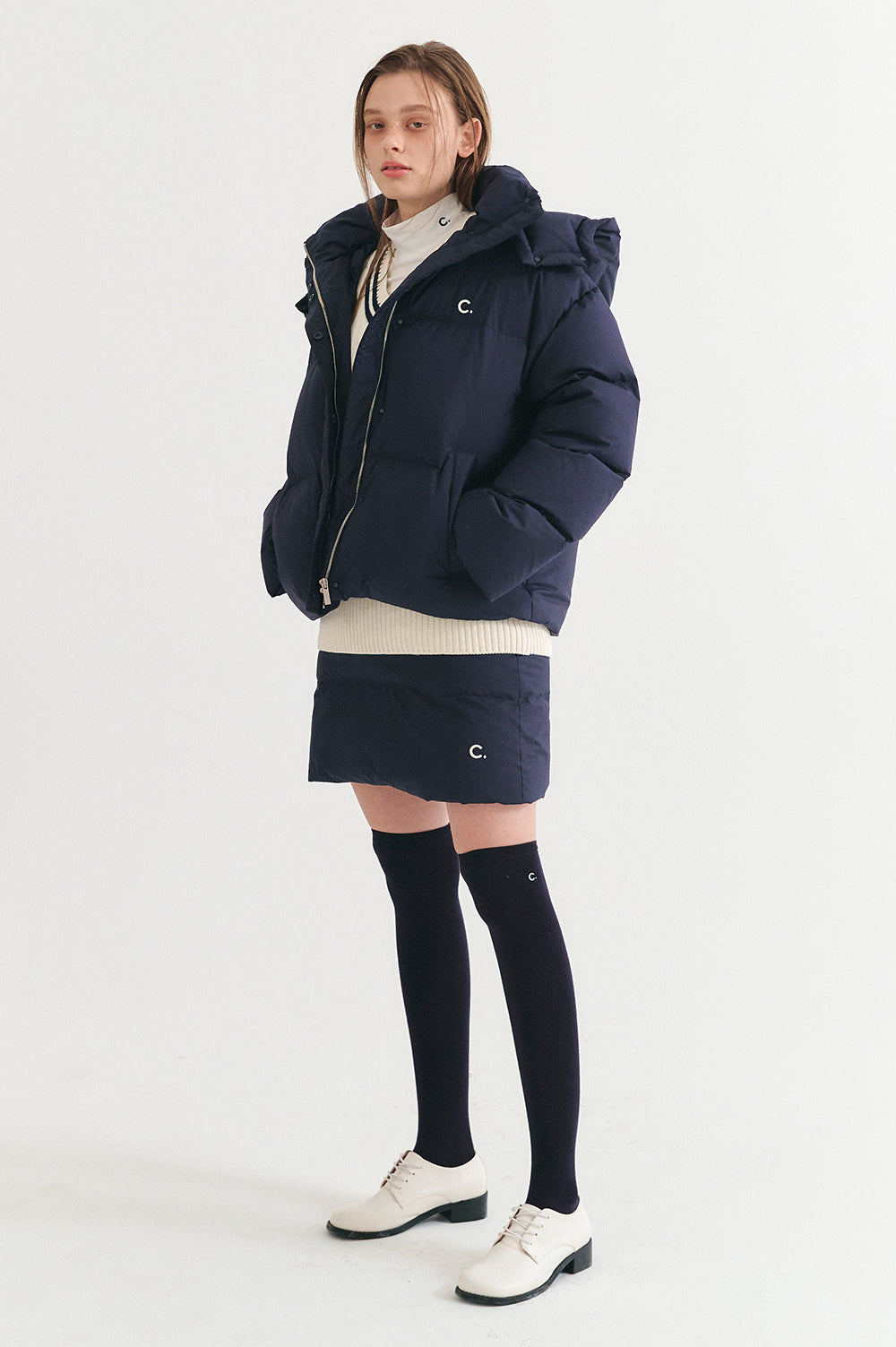 Hooded Quilted Down Jacket - Navy