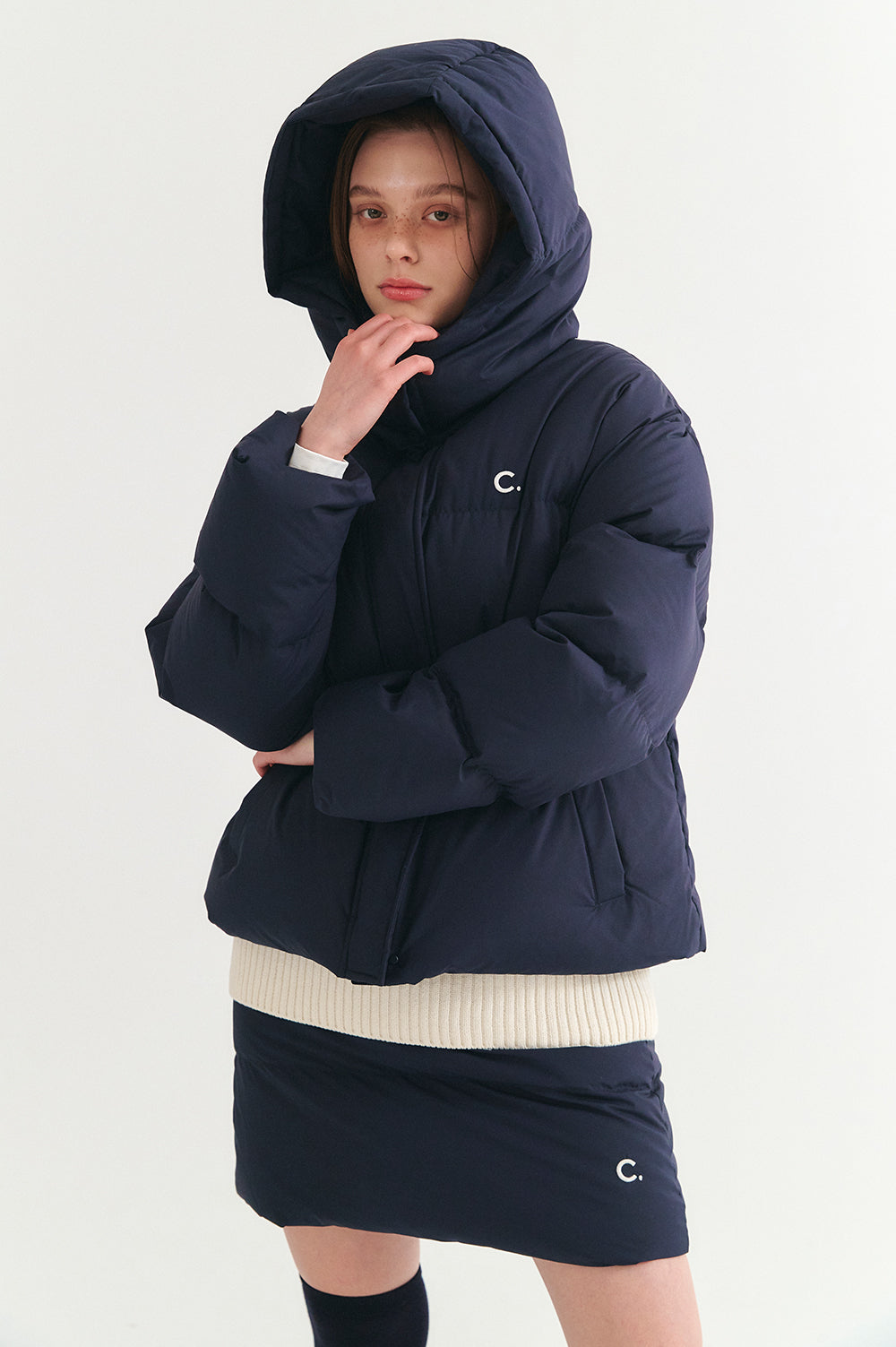 Hooded Quilted Down Jacket - Navy