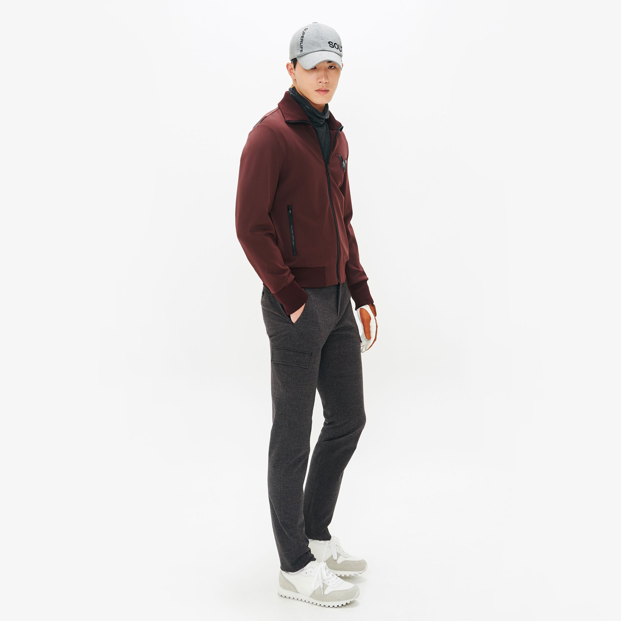 Men's High Neck Zip-up Outer - Burgundy