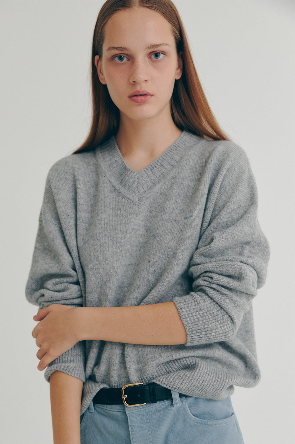 V-Neck Wool Sweater - Melange Gray