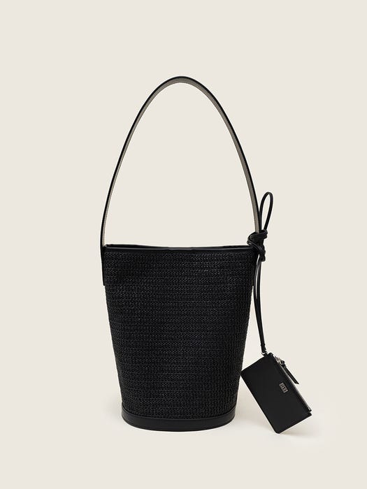 Leather-trimmed Raffia Shoulder Bag