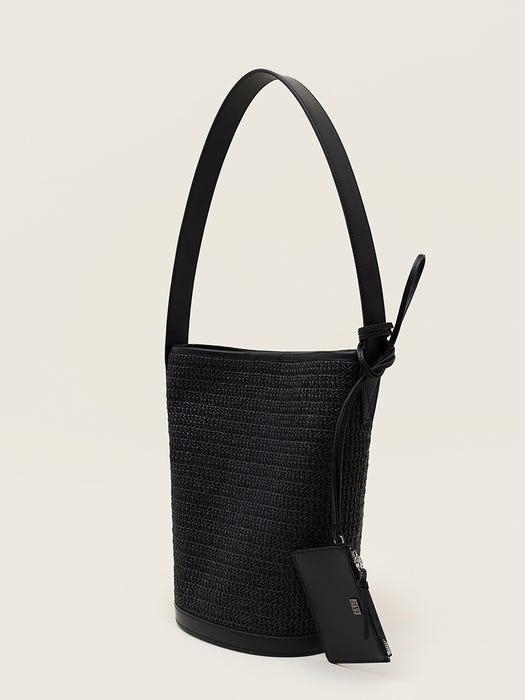 Leather-trimmed Raffia Shoulder Bag