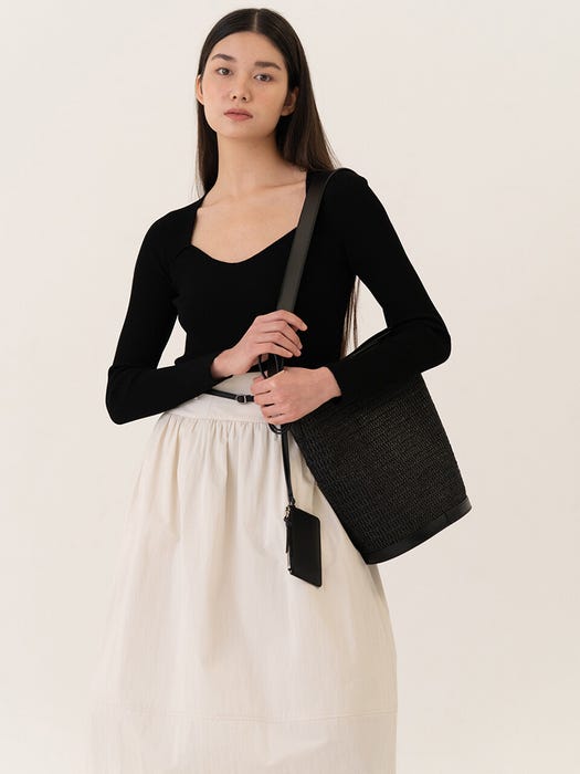 Leather-trimmed Raffia Shoulder Bag