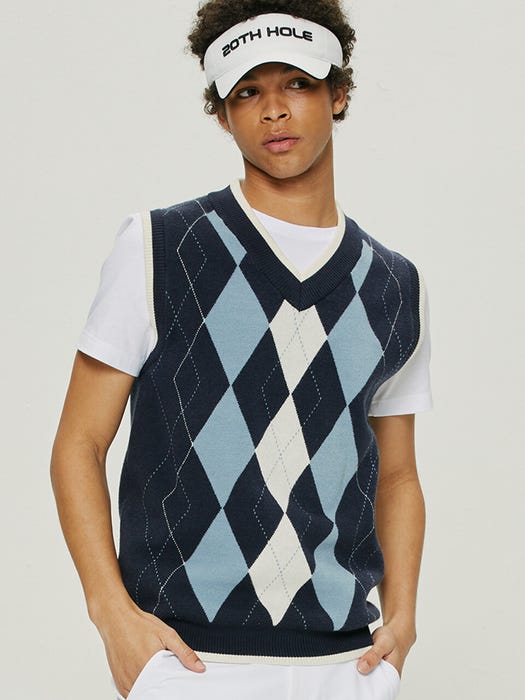 Unisex Viscose Argyle Knitted Vest - Navy