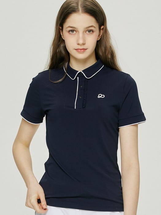 Sleeve Piping Ruffle Short Sleeve Shirt - Navy