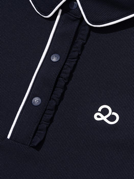Sleeve Piping Ruffle Short Sleeve Shirt - Navy