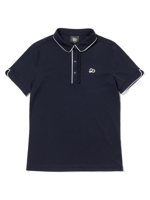 Sleeve Piping Ruffle Short Sleeve Shirt - Navy