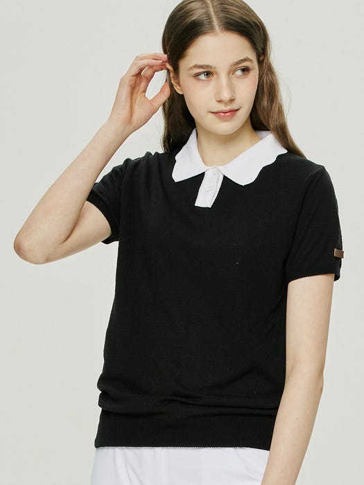 Scallop Collar Short Sleeve Sweatshirt - Black
