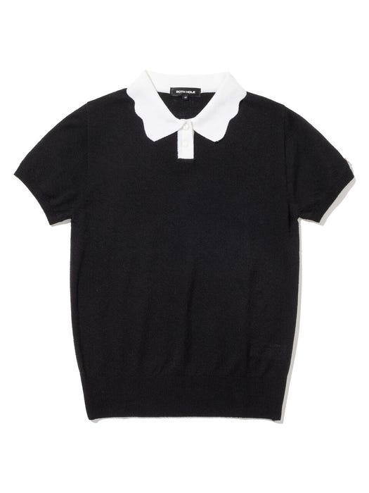 Scallop Collar Short Sleeve Sweatshirt - Black