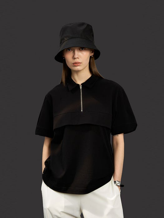 Semi Overfit Zip-Up T-Shirt - Deep Black