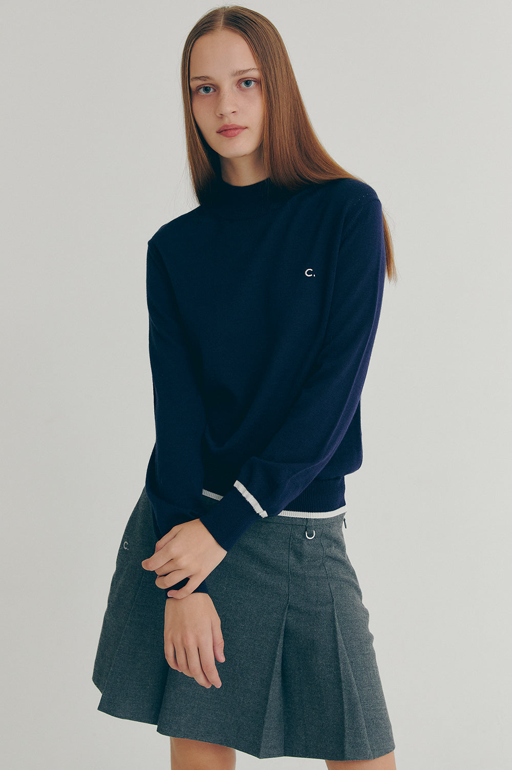 Wool Half Neck Knit - Navy