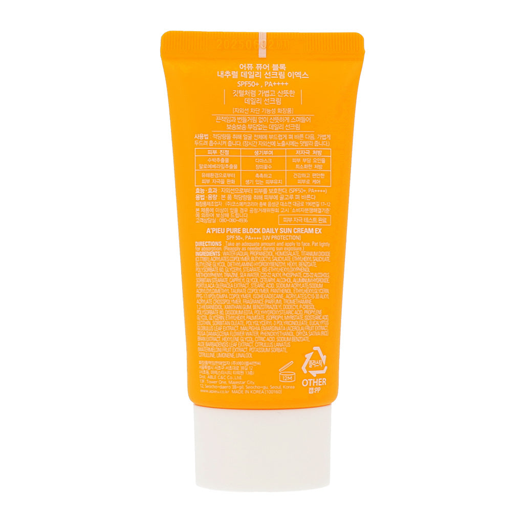 A'PIEU Pure Block Natural Daily Sun Cream SPF45 PA+++ 50ml - Dodoskin